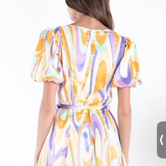 Rosevelvet Retro Psychedelic Swirl Puff Sleeve Mini Dress Orange Purple Small - Picture 3 of 9